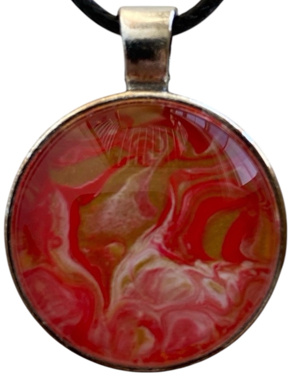 Hand Crafted Fluid Art Red Gold White Acrylic Pour Round Pendant Necklace